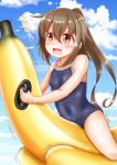  1girl banana_boat bare_legs blue_sky blue_swimsuit breasts brown_eyes brown_hair cloud collarbone covered_navel day eyebrows_visible_through_hair fumizuki_(kantai_collection) hair_between_eyes highres inflatable_raft inflatable_toy kantai_collection long_hair lying new_school_swimsuit ocean on_banana on_stomach one-piece_swimsuit open_mouth outdoors ponytail riding school_swimsuit sky small_breasts smile solo swimsuit uratomomin 