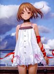  1girl absurdres bangs bare_shoulders blue_sky blurry blurry_background brown_eyes brown_hair choker closed_mouth cloud cowboy_shot day depth_of_field dress eyebrows_visible_through_hair highres looking_at_viewer murata_renji original outdoors photo railing red_ribbon red_string reflection ribbon short_dress short_hair sky solo standing string white_dress 