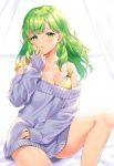  1girl :o bangs bare_shoulders blush bra breasts cleavage commentary_request curtains eyebrows_visible_through_hair feet_out_of_frame green_eyes green_hair grey_sweater hand_up highres indoors knee_up long_hair long_sleeves looking_at_viewer medium_breasts morinaka_kazaki mosomoso nijisanji off-shoulder_sweater off_shoulder parted_lips sitting sleeves_past_wrists solo sweater underwear virtual_youtuber yellow_bra 