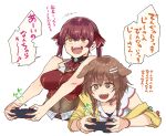  2girls :d animal_ears bare_shoulders blush braid breasts brown_eyes brown_hair controller dog_ears eyepatch fangs game_controller heterochromia hololive houshou_marine inugami_korone mizuryuu_kei multiple_girls open_mouth purple_eyes purple_hair simple_background sleeveless smile teeth translation_request twin_braids twintails virtual_youtuber white_background yellow_eyes 