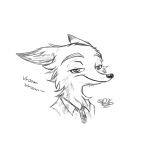  1:1 2016 anthro bust_portrait canid canine cheek_tuft clothed clothing disney english_text facial_tuft fox fur low_res mammal monochrome neck_tuft necktie nick_wilde portrait red_fox s-dash shirt simple_background smile solo text topwear tuft white_background zootopia 