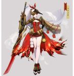  1girl absurdres armor black_lipstick breasts burning burnt_clothes cleavage closed_mouth embers eyeshadow gradient gradient_background hand_on_hip highres holding holding_sword holding_weapon huge_weapon lantern lipstick long_hair makeup mechanical mechanical_parts mira_dc onmyoji onmyouji orange_eyes original pauldrons ponytail red_nails solo standing steam steampunk sword thighs toenails turtleneck very_long_hair weapon white_hair youtouhime 