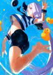  1girl ass barefoot blue_background costor32 english_text glint highres jumping lavender_eyes lavender_hair long_hair original parted_lips rubber_duck solo striped striped_neckwear summer very_long_hair water 