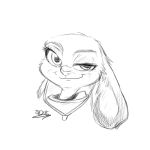 1:1 2016 anthro disney ears_down fur judy_hopps lagomorph leporid looking_at_viewer low_res mammal monochrome narrowed_eyes pivoted_ears rabbit s-dash simple_background sketch smile solo white_background zootopia 