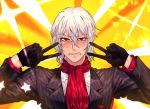  1boy antonio_salieri_(fate/grand_order) bangs black_gloves black_suit blurry blurry_background blush chan100577 clenched_teeth double_v emotional_engine_-_full_drive fate/grand_order fate_(series) formal gloves hair_between_eyes hands_up highres long_sleeves looking_at_viewer male_focus parody pinstripe_suit red_eyes red_neckwear short_hair silver_hair solo sparkle star striped suit sunburst sunburst_background teeth v yellow_background 