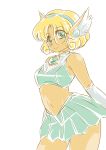  1girl blonde_hair curly_hair dark_skin gem glasses green_eyes green_skirt hououji_fuu magic_knight_rayearth magical_girl midriff okuri_ookami oldschool skirt solo tan white_background 