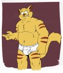  2019 4_fingers absurd_res anthro belly biped briefs brown_nose brown_stripes bulge chance_furlong cheek_tuft chest_tuft clothing digital_media_(artwork) domestic_cat dreamworks_smirk eyebrows facial_tuft felid feline felis fingers fist fur gesture grin hanna-barbera heyitscousindave hi_res inner_ear_fluff male mammal maroon_background pointing raised_eyebrow simple_background slightly_chubby smile solo standing stripes swat_kats tighty_whities toothpick tuft underwear underwear_only whiskers white_clothing white_underwear yellow_body yellow_fur 