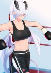  1girl absurdres boxing_gloves boxing_ring boxing_shorts breasts demon_girl demon_horns demon_tail demon_wings gloves highres horns large_breasts lilim_(monster_girl_encyclopedia) looking_at_viewer monster_girl_encyclopedia muscle pointy_ears ponytail red_eyes shorts smile solo sports_bra succubus tail white_hair wings yositsune 