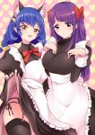  2girls absurdres alternate_costume animal_ears black_legwear black_panties black_skirt blue_cat blue_eyes bow breasts cat_ears commentary_request enmaided eyebrows_visible_through_hair garter_belt hair_bow heart heart_background highres kaguya_madoka large_breasts lifted_by_self long_hair long_sleeves looking_at_viewer maid maid_headdress mikorin multiple_girls panties pink_background precure purple_hair red_bow red_neckwear red_ribbon ribbon side-tie_panties skirt skirt_lift smile star_twinkle_precure thighhighs twintails underwear yellow_eyes yuni_(precure) 