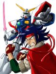  1boy angry beam_saber black_hair brown_eyes cape clenched_hands domon_kasshu fingerless_gloves g_gundam gloves gundam mecha pointing pointing_forward shining_gundam tokita_kouichi white_background 