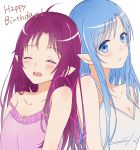  2girls ahoge aminyao asuna_(sao-alo) blue_eyes blue_hair breasts cleavage closed_eyes collarbone drooling hair_down hair_intakes happy_birthday heart highres long_hair medium_breasts multiple_girls off_shoulder open_mouth pink_shirt pointy_ears shiny shiny_hair shirt simple_background sleeping sleeveless sleeveless_shirt straight_hair sword_art_online upper_body very_long_hair white_background white_shirt yuuki_(sao) 