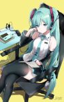  1girl aqua_hair aqua_nails aqua_neckwear black_legwear black_skirt black_sleeves chair crossed_legs detached_sleeves eyebrows_visible_through_hair green_eyes hatsune_miku headset highres k.syo.e+ long_hair necktie number_tattoo pleated_skirt power_strip shirt shoulder_tattoo simple_background sitting skirt sleeveless sleeveless_shirt solo tattoo thighhighs twintails very_long_hair vocaloid white_shirt yellow_background 