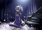  1girl barli breasts cleavage closed_mouth commentary_request darker_than_black dress hair_ribbon highres instrument long_hair looking_at_viewer piano ponytail purple_dress purple_eyes ribbon silver_hair solo yin 