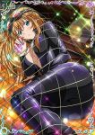  1girl bangs black_bodysuit blonde_hair blush bodysuit breasts bridal_gauntlets card_(medium) cleavage closed_mouth eyebrows_visible_through_hair frown green_eyes hair_between_eyes holding ikkitousen large_breasts long_hair looking_at_viewer lying net on_side open_bodysuit partially_unzipped shiny shiny_clothes shiny_hair solo sonsaku_hakufu sparkle very_long_hair 