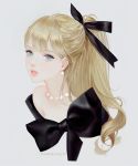  1girl artist_name bangs bare_shoulders black_ribbon blonde_hair blue_eyes dadachyo hair_ribbon jewelry long_hair looking_at_viewer necklace nose original pearl_earrings pearl_necklace ponytail portrait ribbon simple_background solo white_background 