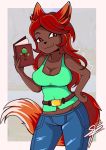  anthro belt book bottomwear breasts brown_body brown_eyes brown_fur canid canine cleavage clothed clothing female fox fur hair jeans mammal nekomancergd pants red_hair solo terraria torn_clothing zoologist_(terraria) 