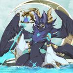  2019 anthro black_body black_fur black_wings blue_body dragon dragoon86 english_text female fur furred_dragon holding_object holding_weapon looking_at_viewer mostly_nude partially_submerged sitting solo staff text water weapon wings 