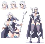  big_breasts breasts cleavage clothed clothing devil-v elf female hair hi_res humanoid humanoid_pointy_ears long_hair open_mouth open_smile simple_background smile solo staff white_background wide_hips 