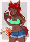  anthro book bottomwear breasts brown_eyes canid canine cleavage clothed clothing female fox hair jeans mammal midriff navel navel_piercing nekomancergd pants piercing red_hair shorts solo tongue tongue_out zoologist_(terraria) 