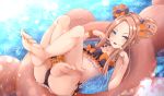  1girl abigail_williams_(fate/grand_order) absurdres ankle_scrunchie ass bangs bare_shoulders bikini black_bikini black_bow blonde_hair blue_eyes blush bow breasts collarbone crossed_legs double_bun emerald_float fate/grand_order fate_(series) feet forehead frilled_bikini frills hair_bow highres legs legs_up long_hair looking_at_viewer lying multiple_bows on_back open_mouth orange_bow parted_bangs pink_innertube polka_dot polka_dot_bow polka_dot_innertube rian_no_kainushi scrunchie sidelocks small_breasts smile solo swimsuit water wrist_scrunchie 