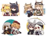  &gt;_&lt; 6+girls animal_ear_fluff animal_ears arknights bangs beret black_gloves black_jacket blonde_hair braid brown_hair cat_ears character_request closed_eyes closed_mouth commander_(girls_frontline) creepy_himecchi dog english_commentary expressionless eyebrows_visible_through_hair eyepatch girls_frontline gloves goggles goggles_on_head hair_between_eyes hair_ornament hat highres holding holding_weapon idw_(girls_frontline) jacket long_hair long_sleeves m16a1_(girls_frontline)_(boss) mod3_(girls_frontline) multicolored_hair multiple_girls necktie open_mouth orange_eyes orange_hair sangvis_ferri scar shirt silver_hair simple_background smile sora_(arknights) specter_(arknights) star streaked_hair texas_(arknights) transparent transparent_umbrella twintails umbrella upper_body weapon white_background white_jacket wolf_ears 