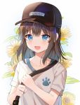  1girl :d black_headwear blue_eyes brown_hair collarbone commentary_request eyebrows_visible_through_hair flower hair_ornament hairclip hat kongya korean_commentary long_hair looking_at_viewer open_mouth original paw_print shirt short_sleeves smile solo sunflower sweat white_shirt 