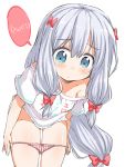  1girl ass_visible_through_thighs blue_eyes blush bow breasts commentary_request eromanga_sensei groin hair_bow izumi_sagiri long_hair low-tied_long_hair naitou_kouse panties pink_bow silver_hair simple_background small_breasts solo underwear undressing white_background 