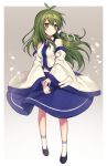  1girl antenna_hair bare_shoulders belly_peek black_footwear blue_skirt collared_shirt detached_sleeves full_body gohei green_eyes green_hair hair_ornament hair_tubes kochiya_sanae kyouda_suzuka long_hair navel shirt shoes skirt snake_hair_ornament socks solo touhou white_legwear white_shirt 