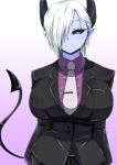  1girl black_horns black_sclera black_suit blue_background blue_skin breasts buttons demon_girl demon_horns demon_tail formal green_eyes horns houshi huge_breasts looking_at_viewer musuko_ga_kawaikute_shikatanai_mazoku_no_hahaoya necktie purple_shirt shirt smile tail teeth teresa_(musuko_ga_kawaikute_shikatanai_mazoku_no_hahaoya) white_hair white_neckwear 