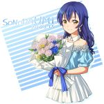  1girl bangs blue_hair blush bouquet braid character_name commentary_request corsetman dated detached_collar earrings flower hair_between_eyes holding holding_bouquet jewelry long_hair looking_at_viewer love_live! love_live!_school_idol_project short_sleeves simple_background smile solo sonoda_umi yellow_eyes 