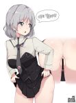  1girl artist_name ass bar_censor bottomless censored collared_shirt dated ddangbi green_eyes korean_text looking_back necktie pussy sanya_v_litvyak shirt silver_hair simple_background skirt skirt_lift solo strike_witches translation_request white_background world_witches_series 