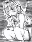  1girl bare_shoulders blush breasts cat_ear_headphones from_side grey_background greyscale headphones highres ienaga_mugi implied_masturbation lifted_by_self long_hair monochrome mouth_hold nanashi_(nlo74593630) nijisanji nipples one_eye_closed shirt_in_mouth shirt_lift sitting small_breasts solo sweatdrop thighhighs trembling virtual_youtuber 