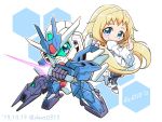  1girl 2019 back-to-back bangs beam_saber blonde_hair blue_eyes chibi dated dress earthree_gundam eve_(gundam_build_divers_re:rise) gun gundam gundam_build_divers gundam_build_divers_re:rise hexagon mecha shokkaa_(shmz61312) weapon white_dress 