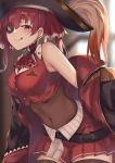  1girl :p belt blurry blurry_background blush eyepatch hair_between_eyes hat highres hololive houshou_marine jacket looking_at_viewer pirate_hat red_eyes red_hair solo tongue tongue_out virtual_youtuber yami_kyon_oov 