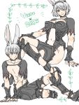  1boy 1girl animal_ears black_choker black_hairband blue_eyes blush bunny_ears choker closed_mouth collarbone english_text final_fantasy final_fantasy_xiv fingernails flat_color hair_over_one_eye hairband high_heels jewelry long_fingernails machida_game mole mole_under_mouth navel nier_(series) nier_automata ring silver_hair simple_background sitting sketch smile viera white_background yorha_no._2_type_b yorha_no._9_type_s 