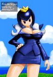  big_breasts black_eyes black_hair bob-omb breasts cleavage clothed clothing cloud crossgender dress english_text female grass hair humanoid king_bob-omb long_hair mario_bros minus8 multicolored_hair nintendo not_furry text two_tone_hair video_games white_hair 