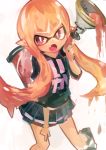  1girl absurdres black_shirt black_skirt clothes_writing domino_mask eyebrows_visible_through_hair fang highres holding holding_weapon ink_tank_(splatoon) inkling kaamin_(mariarose753) long_hair mask open_mouth orange_hair pleated_skirt pointy_ears red_eyes shirt simple_background skirt solo splatoon_(series) tentacle_hair weapon white_background 