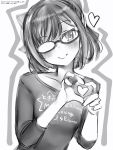  1girl blush bow closed_mouth clothes_writing eyebrows_visible_through_hair glasses greyscale hair_bow hand_up head_tilt heart heart_hands highres hololive looking_at_viewer monochrome nanashi_(nlo74593630) opaque_glasses shirt short_hair smile solo tokino_sora_channel upper_body yuujin_a_(tokino_sora_channel) 