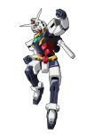  clenched_hands core_gundam fist_pump green_eyes gundam gundam_build_divers gundam_build_divers_re:rise highres jumping mecha no_humans robot solo v-fin white_background yu-fukaya-p 