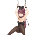  1girl absurdres animal_ears arms_up bangs black_legwear black_leotard black_neckwear blue_eyes blunt_bangs bow bowtie breasts brown_hair bunny_ears bunny_girl bunnysuit chain commentary_request cowboy_shot cuffs detached_collar fishnet_legwear fishnets highres large_breasts leotard long_hair looking_at_viewer new_game! pantyhose ponytail restrained sainohikari shackles sidelocks simple_background sitting solo strapless strapless_leotard takimoto_hifumi white_background 