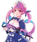  1girl anchor_print anchor_symbol apex_legends assault_rifle breasts cleavage frills gun highres holding holding_gun holding_weapon hololive looking_at_viewer maid maid_dress maid_headdress medium_breasts minato_aqua puffy_short_sleeves puffy_sleeves purple_eyes purple_hair rifle short_sleeves shuuzo3 solo tokino_sora_channel trigger_discipline virtual_youtuber weapon 
