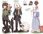  ^_^ asriel_dreemurr boots chara_(undertale) charamells closed_eyes commentary creature crossover dress english_commentary english_text flower frisk_(undertale) gen_1_pokemon gen_2_pokemon gen_4_pokemon gen_7_pokemon gen_8_pokemon gracidea hair_flower hair_ornament holding holding_poke_ball mimikyu mythical_pokemon on_shoulder pants poke_ball poke_ball_(generic) pokemon pokemon_(creature) pokemon_on_shoulder sandals shaymin simple_background standing toriel umbreon vulpix white_background wooloo 