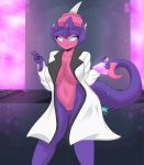  absurd_res berry_(purplebird) blush breasts clothing coat female genitals gesture hi_res humanoid lab_coat looking_at_viewer mistpirit navel nintendo poipole pok&eacute;mon pok&eacute;mon_(species) pussy solo topwear ultra_beast v_sign video_games 