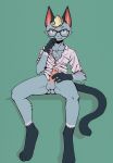  absurd_res andromorph animal_crossing anthro blonde_hair blush clothed clothing domestic_cat erection eyewear felid feline felis fur gart gartie genitals glasses grey_body hair hi_res humanoid intersex male mammal nintendo nude open_shirt penis raymond_(animal_crossing) shirt sitting solo topwear video_games 