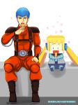  1boy 1girl angela_balzac blonde_hair blue_eyes blue_hair chibi chirico_cuvie clenched_hand crossover eating flower hgoyan pilot_suit rakuen_tsuihou rations sitting soukou_kihei_votoms super_robot_wars super_robot_wars_t twintails 