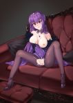  1girl absurdres apertio black_legwear blush breasts cleavage couch crown dress eyebrows_visible_through_hair fate/grand_order fate_(series) high_heels highres jewelry large_breasts long_hair looking_at_viewer no_panties open_mouth pantyhose purple_dress purple_hair pussy red_eyes ribbon scathach_(fate)_(all) scathach_skadi_(fate/grand_order) sitting solo thighs 