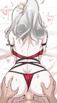  1boy 1girl all_fours ass ass_focus back bed bent_over bikini black_bikini blush breasts carmilla_(fate/grand_order) carmilla_(swimsuit_rider)_(fate) censored curly_hair doggystyle donutman fate_(series) hetero highres large_breasts long_hair penis pov_crotch pussy sex silver_hair solo_focus swimsuit vaginal 