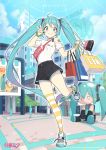  1girl bag black_shorts blue_choker blue_eyes blue_hair character_doll choker cloba day grin hatsune_miku highres long_hair looking_at_viewer off-shoulder_shirt off_shoulder outdoors shirt shoes shopping_bag short_shorts shorts single_bare_shoulder single_thighhigh smile sneakers solo_focus standing standing_on_one_leg striped striped_legwear thighhighs twintails v very_long_hair vocaloid watch white_shirt wristwatch 