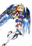  black_gloves blonde_hair cowlick eyebrows_visible_through_hair gloves green_eyes gundam gundam_wing high_heels highres i.takashi mecha_musume mechanical_wings open_mouth personification thrusters wing_gundam_zero wings 