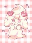  :d alcremie_(love_sweet) alcremie_(vanilla_cream) commentary_request creature full_body heart hime_takeo no_humans open_mouth pokemon pokemon_(creature) purple_eyes smile solo standing 